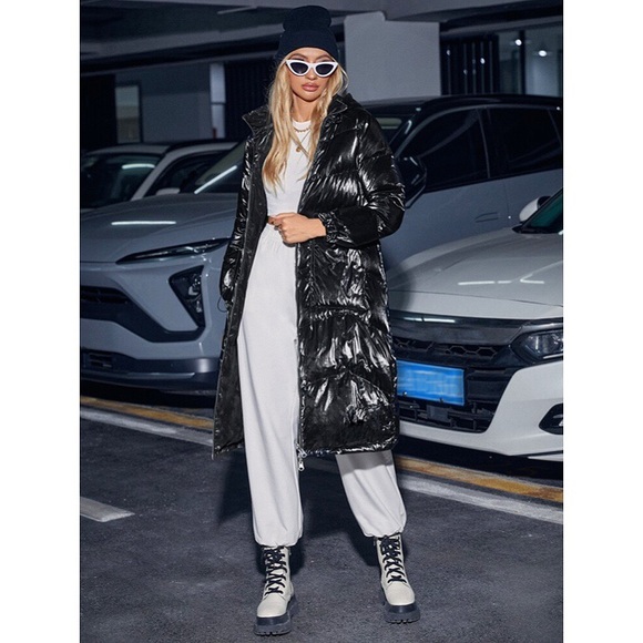 🖤 JET BLACK TALL ZIP UP HOODED DOWN WINTER JACKET! - Picture 2 of 12